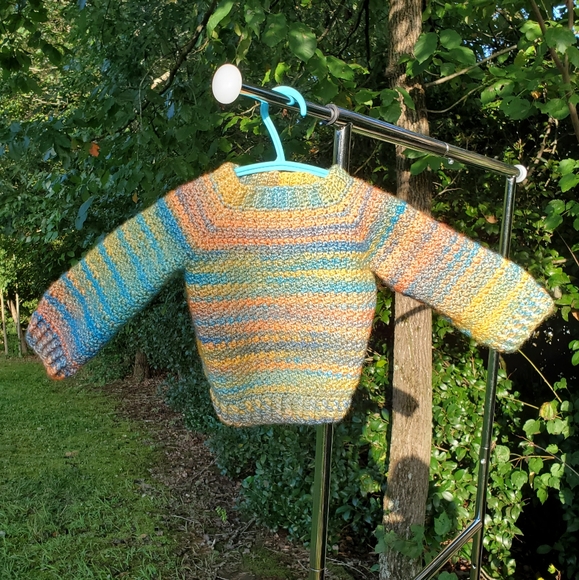Multicolor Handmade Crochet Baby Sweater w/ Ribbed Collar, Sleeves, & Bottom - Picture 9 of 9